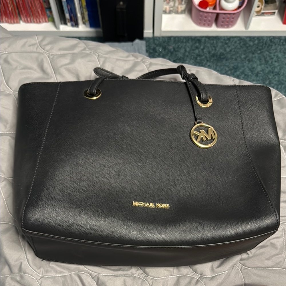Michael Kors Black Structured Tote with Gold Hardware